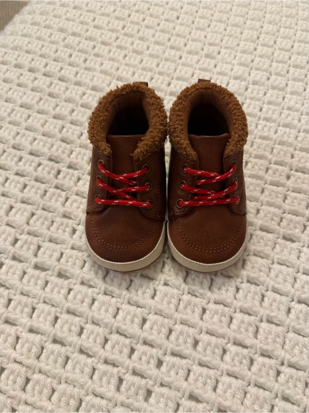 Infant Brown Faux-Sherpa Lace-Up Boots - Red Laces Crib Shoes